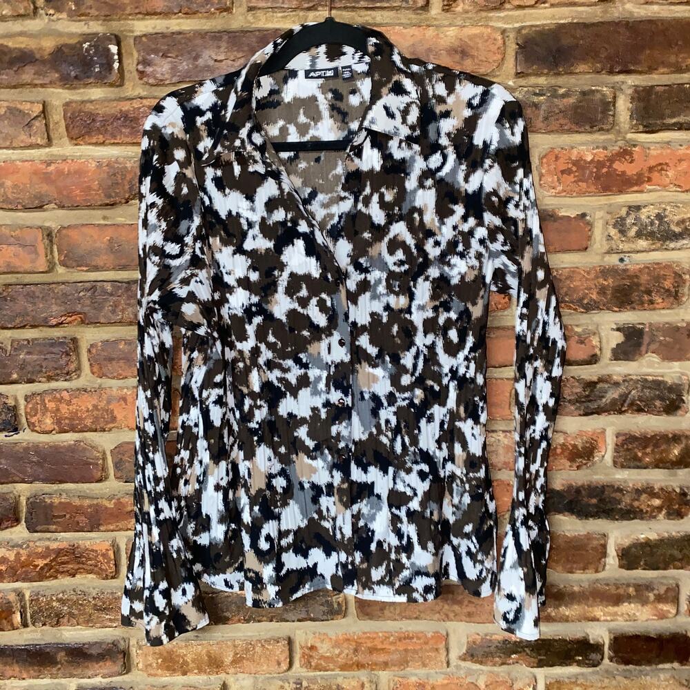 Apt. 9 Black Brown Cream Animal Print Crinkled Button Down Top Women's Size PXL